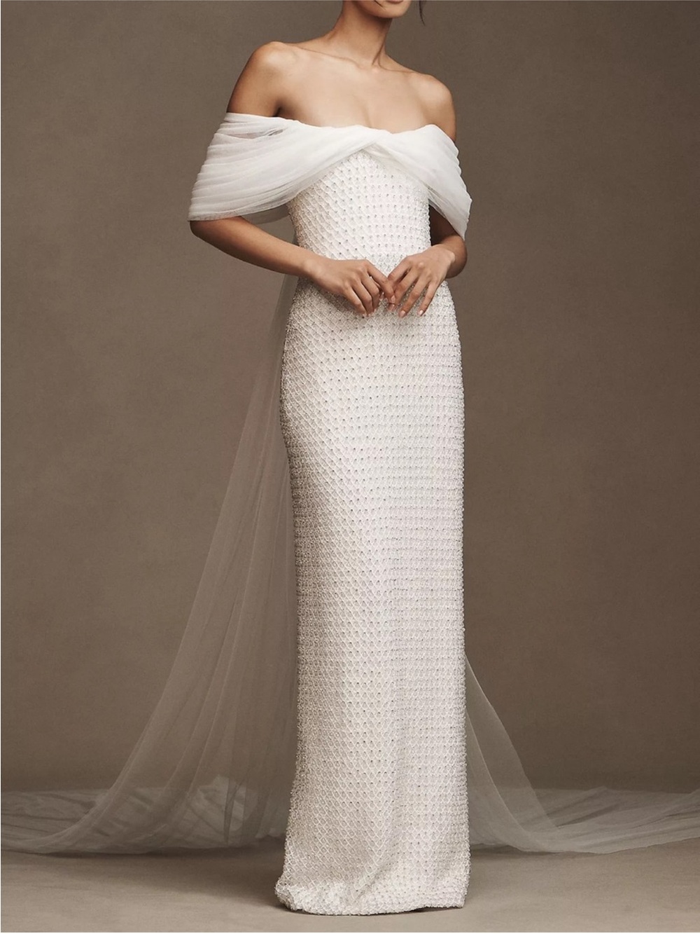 Anthropologie Costarellos Hemera Crystal-Beaded Sheath Wedding Gown Beaded Tulle